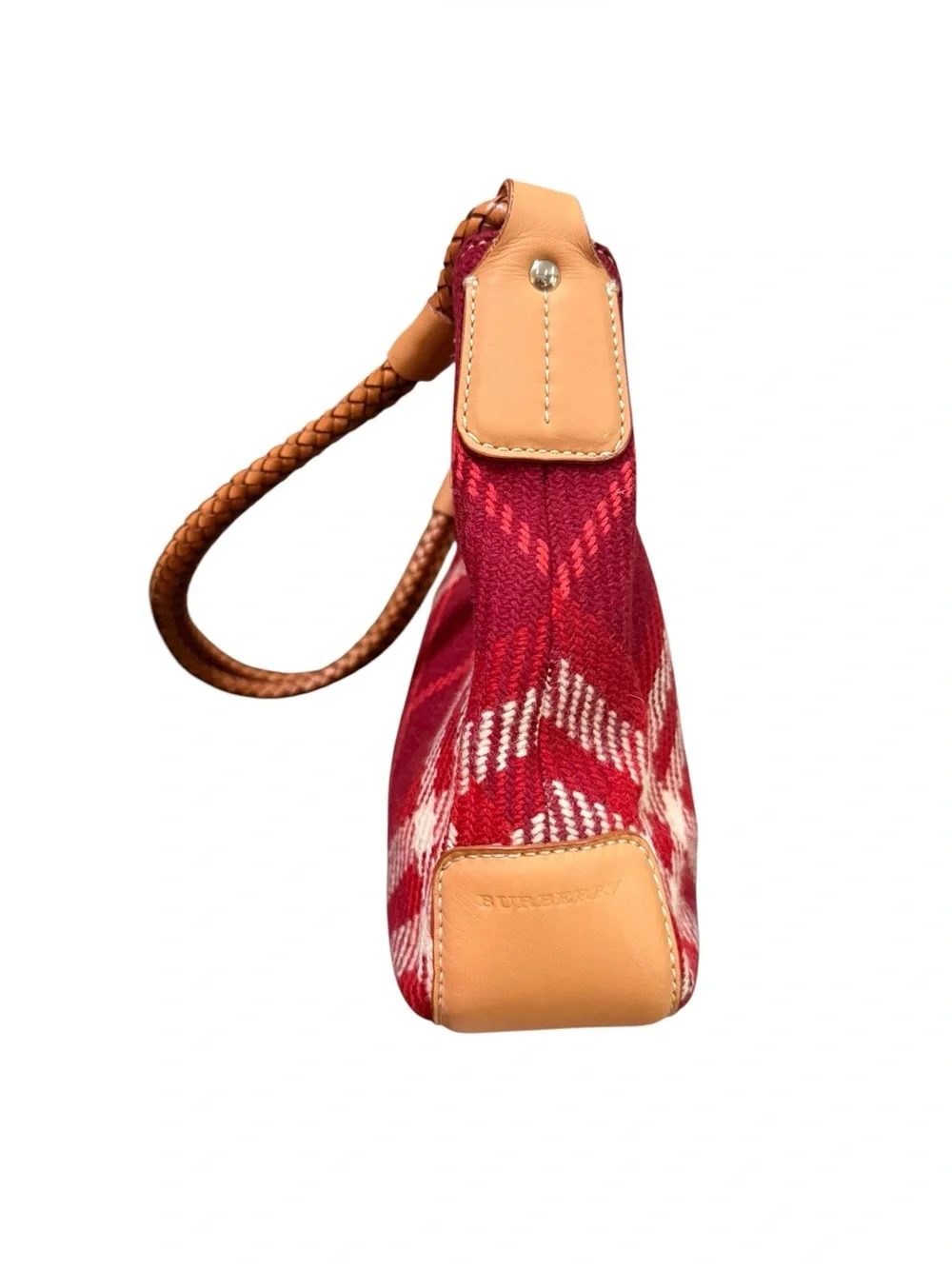 Vintage Burberry Red Plaid Wool Shoulder Bag Braided Leather Strap Nova Check - Picture 7 of 10